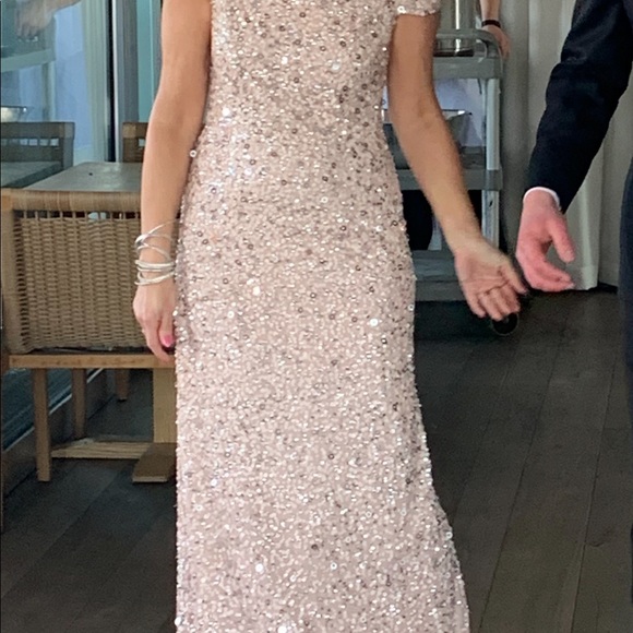 OFF THE SHOULDER SEQUIN BEADED GOWN IN BLUSH - Picture 4 of 6